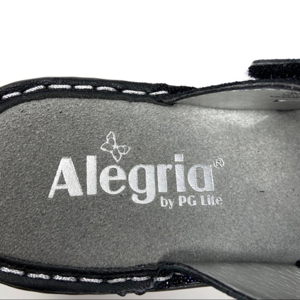 ALEGRIA Glitteroti Nlack / Silver Leather Wedge Sandals 37 — SUPER COMFY!!! - Picture 8 of 10